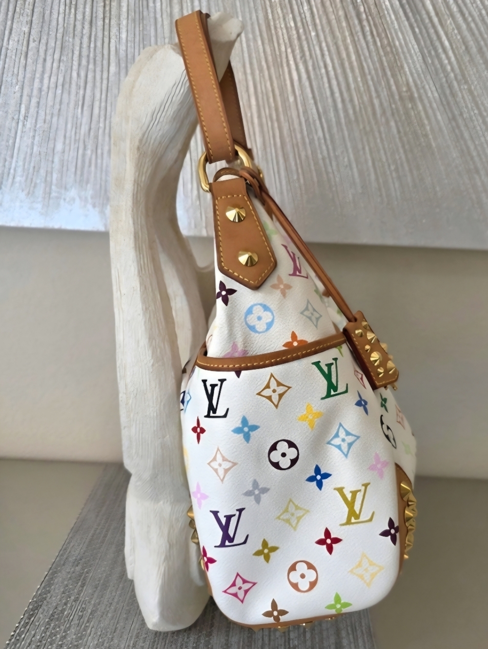 ♥RARE Louis Vuitton White Murakami Multicolor Monogram Gold Studded Shoulder Bag - Picture 4 of 15